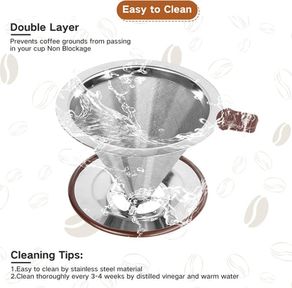 Pour Over Coffee Dripper, Professional Paperless Drip Brew Cone Maker with Reusable Stainless Steel Filter, 1-4 Cup