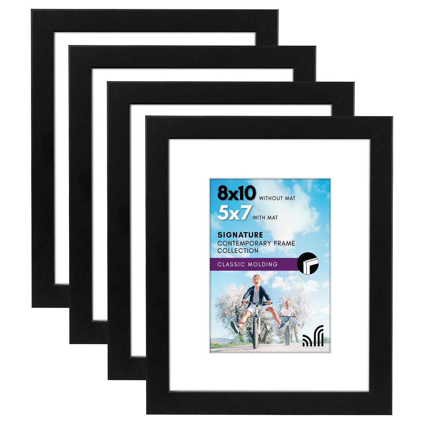 Americanflat 8x10 Picture Frame with Shatter-Resistant Glass - Set of 4 - Use as 5x7 Frame with Mat or Display 8x10 Photo Without Mat - Signature Collection - Photo Frames for Tabletop or Wall - Black