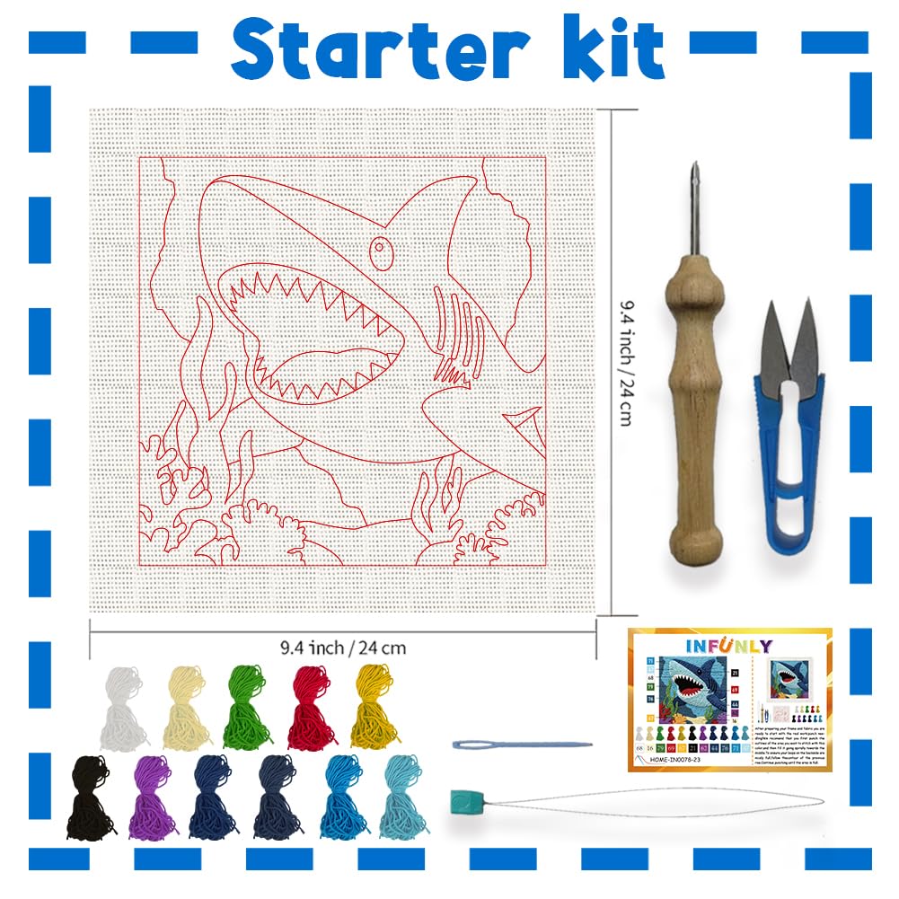 INFUNLY Blue Shark Punch Needle Kit 9.4x9.4 inches Punch Needle Embroidery Kits Ocean Animal DIY Needles Stitching Kits for Beginners with Instruction Yarns Christmas Birthday Hanging Decor