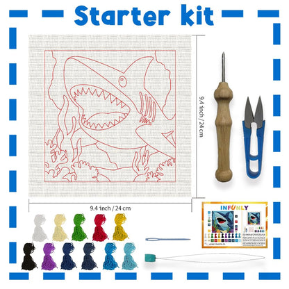 INFUNLY Blue Shark Punch Needle Kit 9.4x9.4 inches Punch Needle Embroidery Kits Ocean Animal DIY Needles Stitching Kits for Beginners with Instruction Yarns Christmas Birthday Hanging Decor