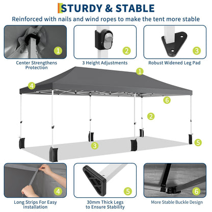 10x20 Pop Up Canopy Tent – Heavy Duty Party Tent with 6 Removable Sidewalls, 6 Sand Bags & Roller Bag, Waterproof UV-Protective Tents for Parties, Adjustable Height Instant Shelter