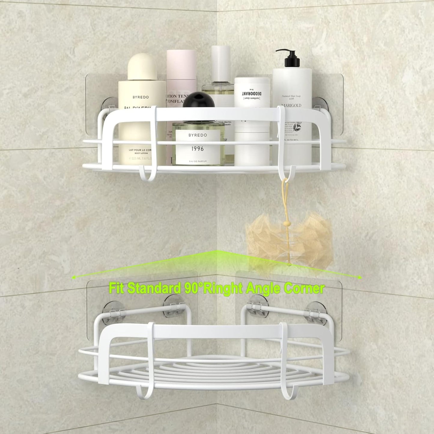 2-Pack 4 SUS304 STEUGO Corner Shower with Hooks Adhesive, Bathroom Shower Rack Rust Resistant Stainless Steel for Dorm