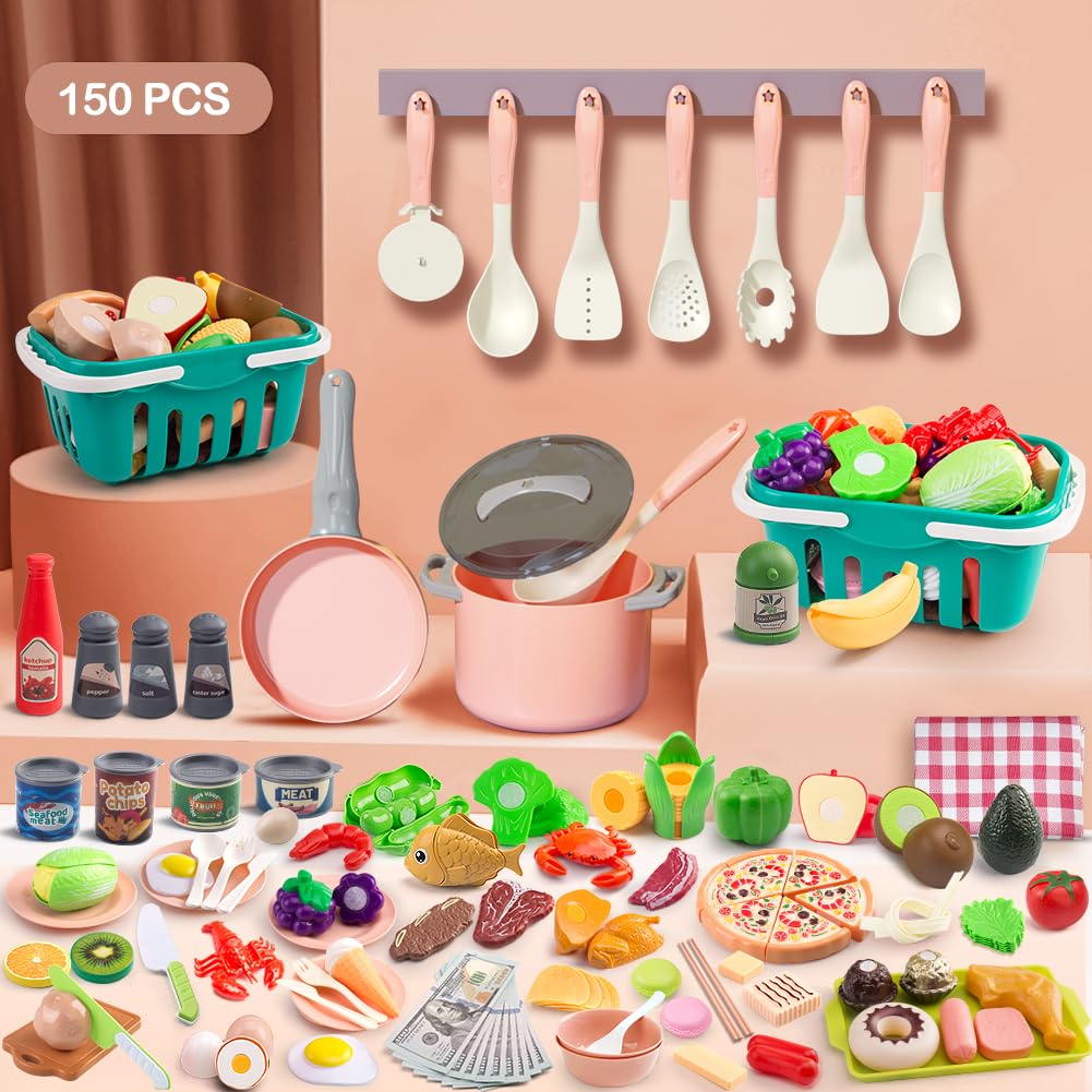 150Pcs Kitchen Playset, Toddlers Pretend Cooking Cookware Accessories, Food, Picnic Blanket, Fruits, Veges, 2Pack Shopping Storage Basket, Dessert and Prop Money, Gift for Kids (Pink)