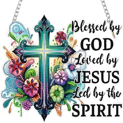 LPDJITO Flower Cross Pendant Diamonds Art kit for Adult,DIY Cross Pendant Diamonds Painting Art Kit, Acrylic Diamonds Painting Board Kit Ornament, Special Crystal Diamond Hanging Ornament Flowers