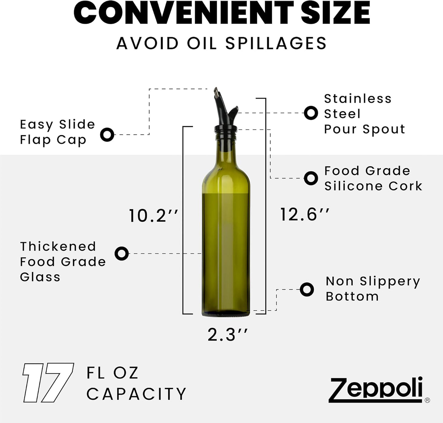 17 oz Set Zeppoli Kitchen Olive Oil & Vinegar Dispenser Bottle - with Removable Dual Spouts, Pour Funnel, Stainless