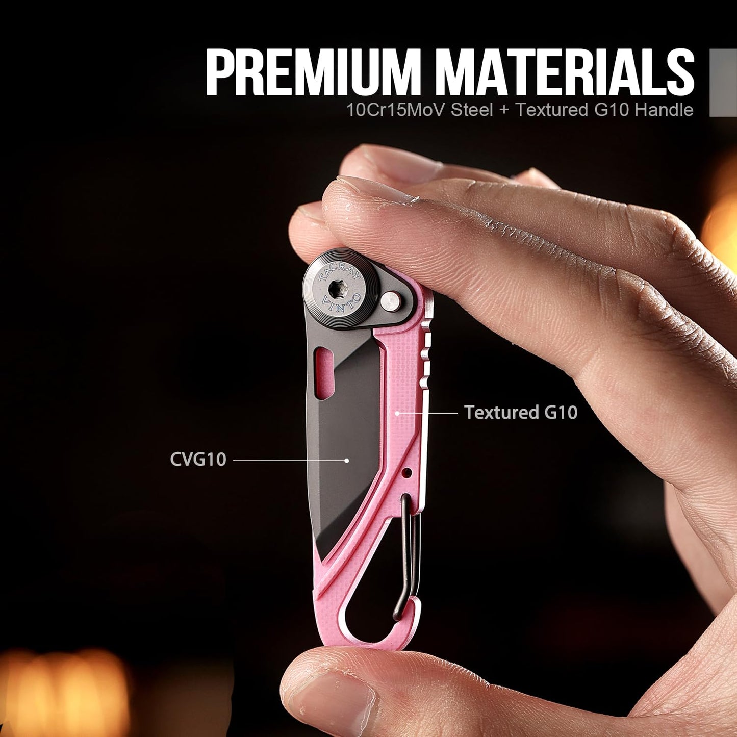 TACRAY Vinto 5-in-1 Small Pocket Knife – Ultra-Light Compact Multitool with Utility Knife, Seatbelt Cutter, Bottle Opener, Flathead Screwdriver & Keyring Attachment for Everyday Carry (Pink)