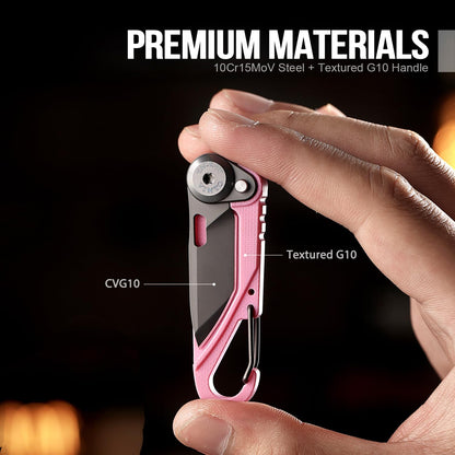 TACRAY Vinto 5-in-1 Small Pocket Knife – Ultra-Light Compact Multitool with Utility Knife, Seatbelt Cutter, Bottle Opener, Flathead Screwdriver & Keyring Attachment for Everyday Carry (Pink)