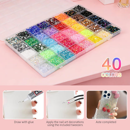 32000Pcs 40 Colors Resin Rhinestones Bedazzling Kit, Multicolor Flatback Gems, DIY Nail Art Clothing Tumblers Crafts for Bedazzling Diamond Art Makeup (40 Colors)