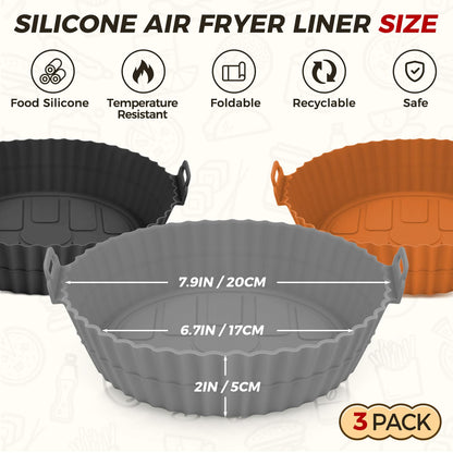 Buauty 3 Pack Air Fryer Silicone Liners 8inch Air Fryer Silicone Pot Reusable Food Grade Silicone Airfryer Liners Baking Basket Accessories Replacement of Flammable Disposable Parchment Paper