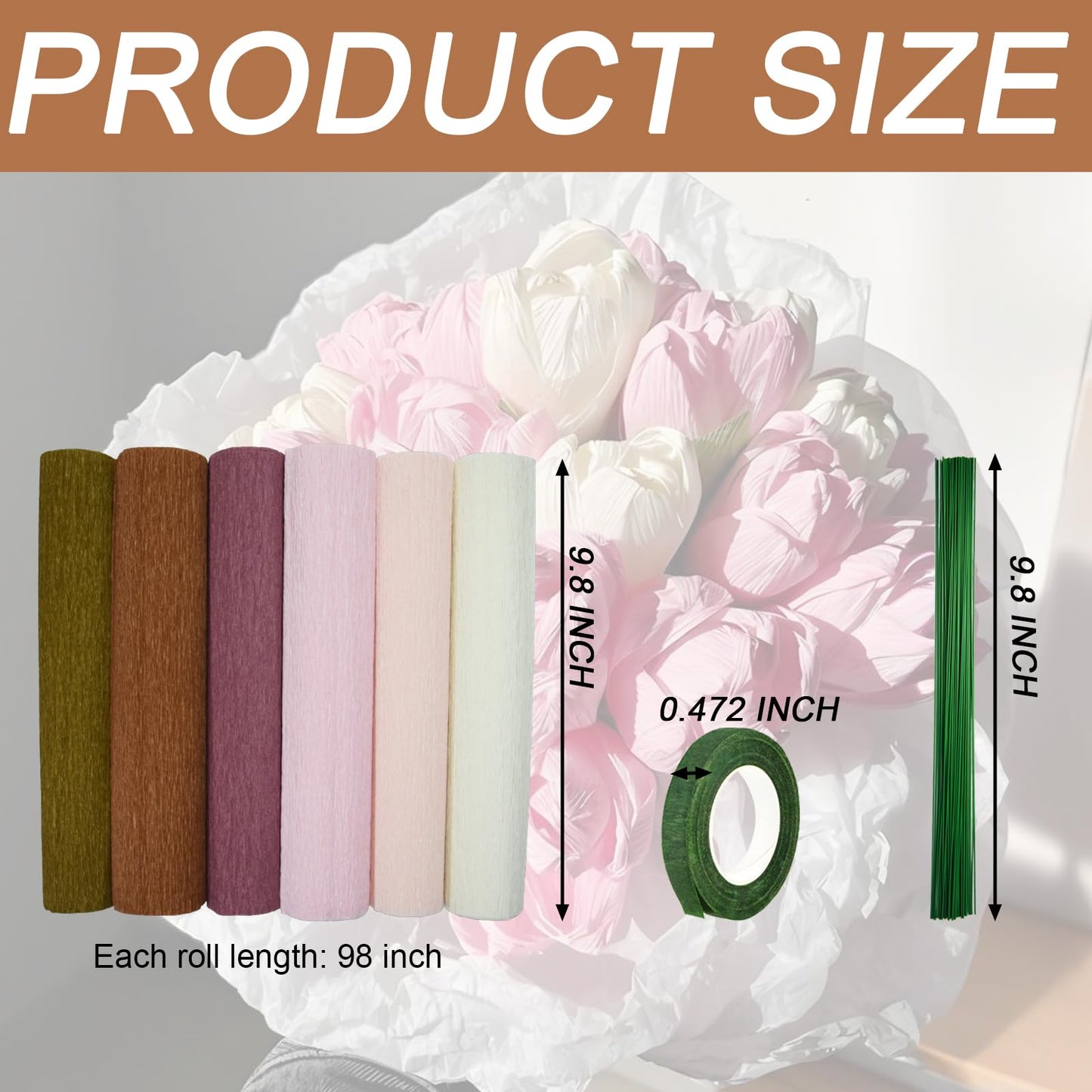 57 Pcs Brown Crepe Paper Flower DIY Kits 6 Rolls Crepe Paper Sheets 50 Pcs Floral Iron Wires 10 Inch x 8 Feet Crepe Paper Sheets for Birthday Party Wedding