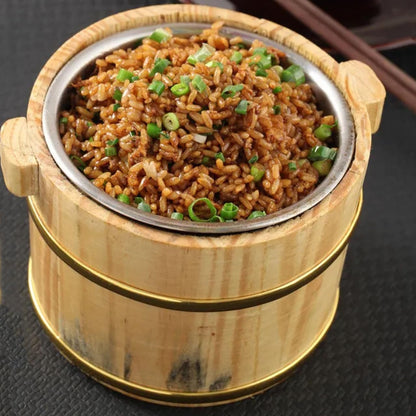 SHOWERORO Wooden Rice Bucket with Lid 6.3X4.7X4.3 Inch Japanese Style Sushi Rice Bowl and Bibimbap Mixing Tub Compact Wood Serving Dish for Home Kitchen
