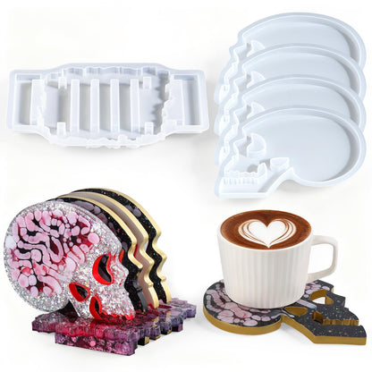 LET'S RESIN 4 Pcs Skull Coaster Resin Molds, Coaster Silicone Molds with Holder, Halloween Coaster Molds for Epoxy Resin, Skull Coasters Decoration for Festival, Ideal Gifts for Crafter and Artist