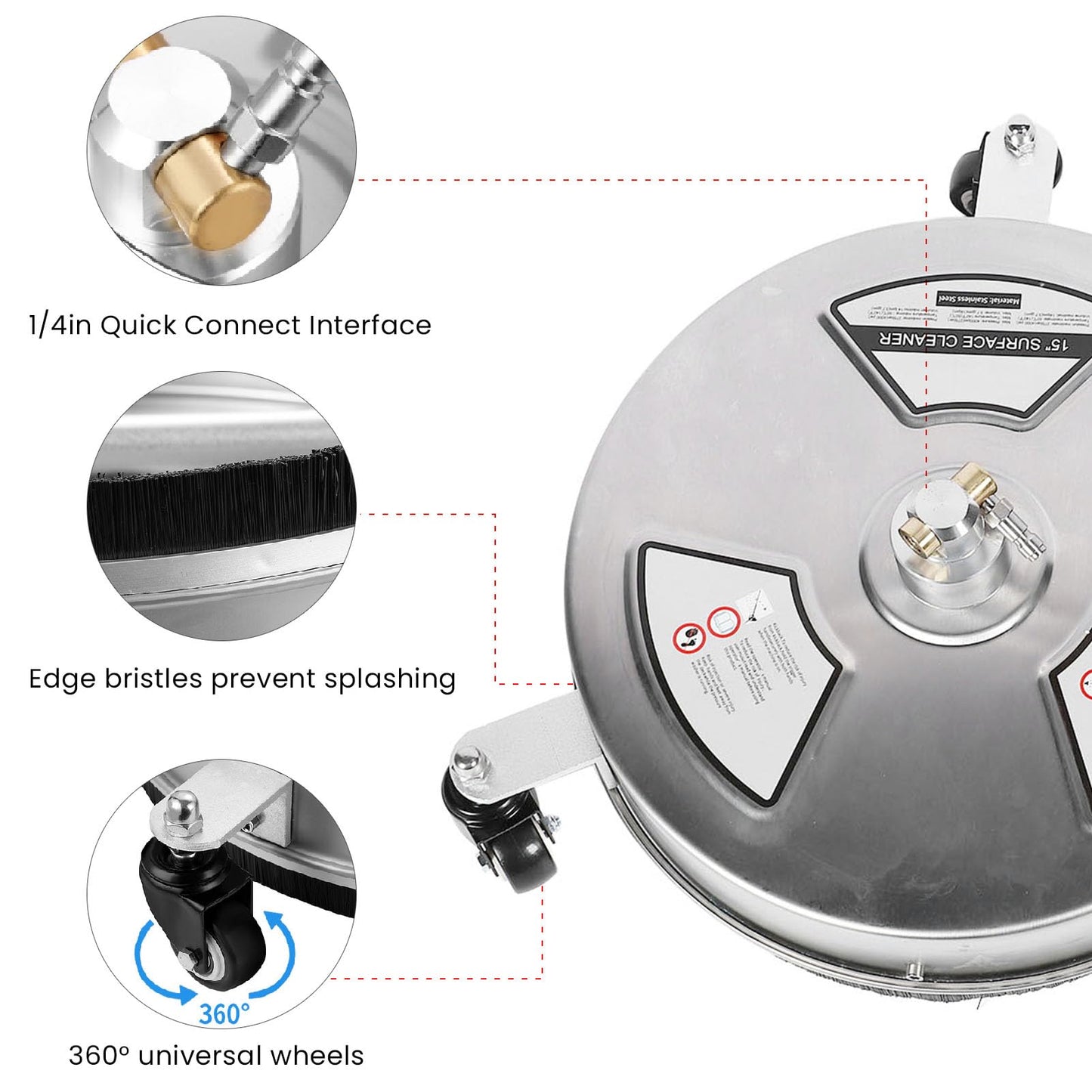 TIKATARER 15 Inch Pressure Washer Surface Cleaner, Stainless Steel Power Washer Accessory with 4 Wheels & 1/4 Quick Connect, Ideal for Driveways Sidewalks Patios, 4000 PSI