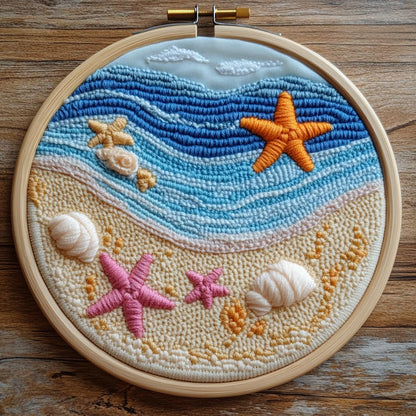 DIY Punch Needle Kits Beach and Starfish Sea Shells Easy for Beginners Punch Needle Embroidery Set with Hoop Stamped Pattern for Craft Lovers and Home Decor-3
