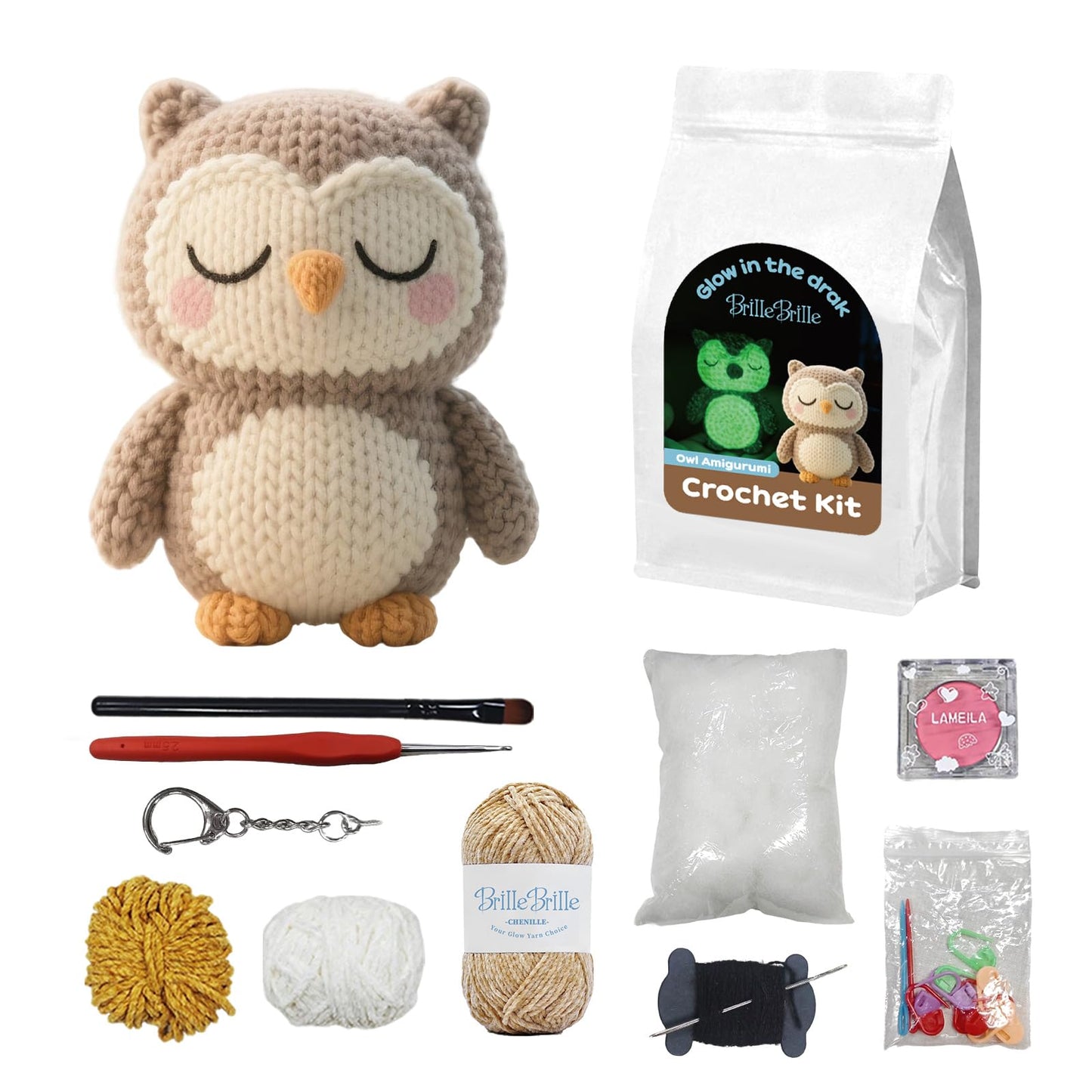 BrilleBrille Crochet Owls Kits Glow in The Dark Owl Knitting Kit Crochet Kit for Beginners Great Birthday Gifts for for Adults and Teens with Step by Step Video Amigurumi Crochet Kit DIY Craft