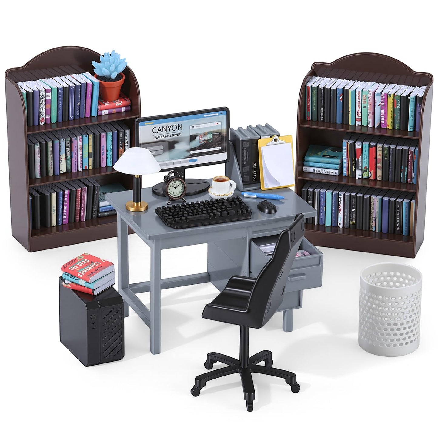 1:12 Scale Mini Desk Set with 100 Mini Books & 2 Bookshelves — Miniature Dollhouse Furniture Set with Office Chair, Computer & 15+ Accessories — Mini Desk Accessories for Doll House Diorama