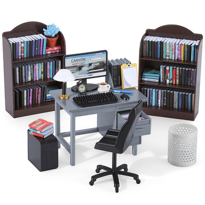 1:12 Scale Mini Desk Set with 100 Mini Books & 2 Bookshelves — Miniature Dollhouse Furniture Set with Office Chair, Computer & 15+ Accessories — Mini Desk Accessories for Doll House Diorama