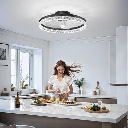 FOLKSMATE Ceiling Fan with Light and Remote, Low Profile Flush Mount Crystal Fandelier, Modern 6 Speeds Quiet Reversible, 2800-6500K Dimmable LED, Timer Fan Light for Bedroom Living Room Kitchen
