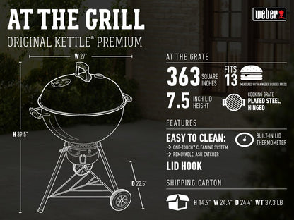 Weber Original Kettle Premium Charcoal Grill, 22-Inch, Copper – Outdoor BBQ Grill with Built‑In Thermometer, Heat Control Dampers & One‑Touch™ Cleaning System