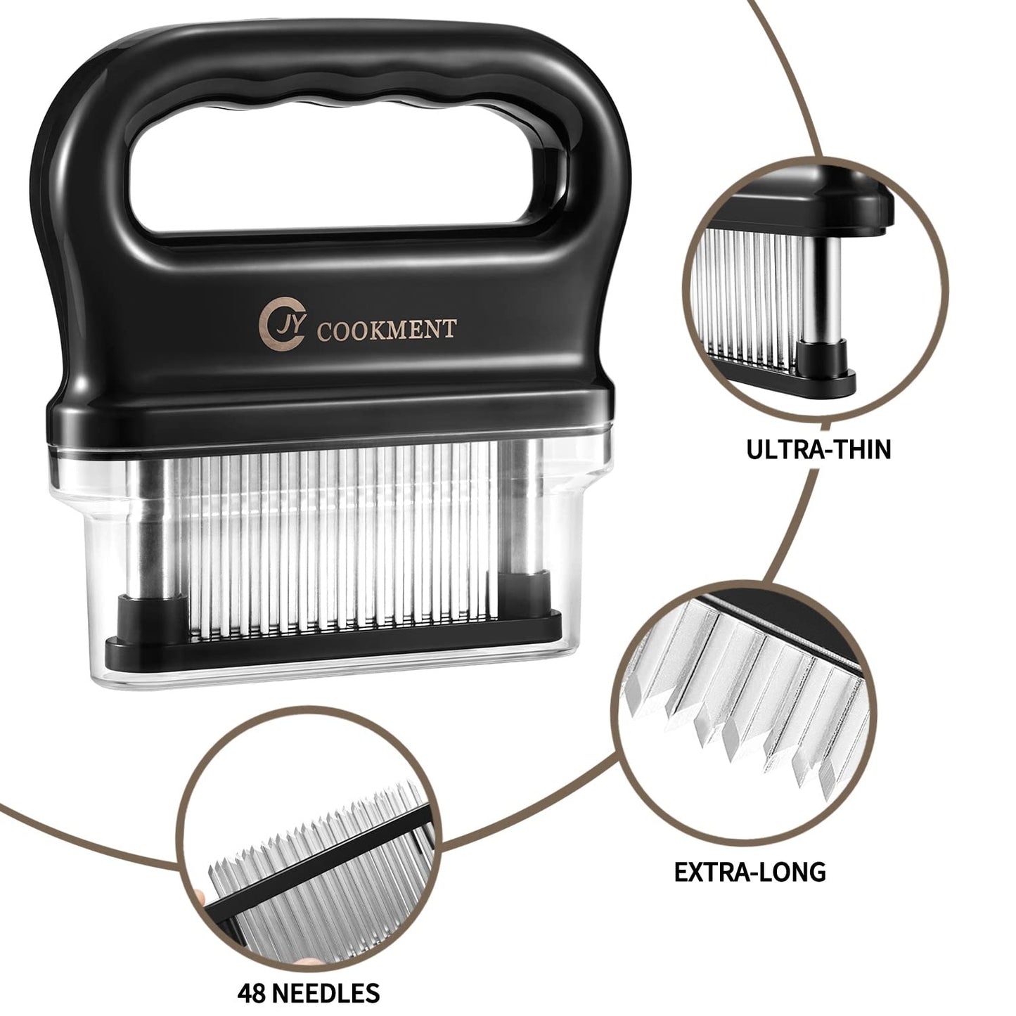 JY COOKMENT Meat Tenderizer with 48 Stainless Steel Ultra Sharp Needle Blades, Kitchen Cooking Tool Best for Tenderizing, BBQ, Marinade