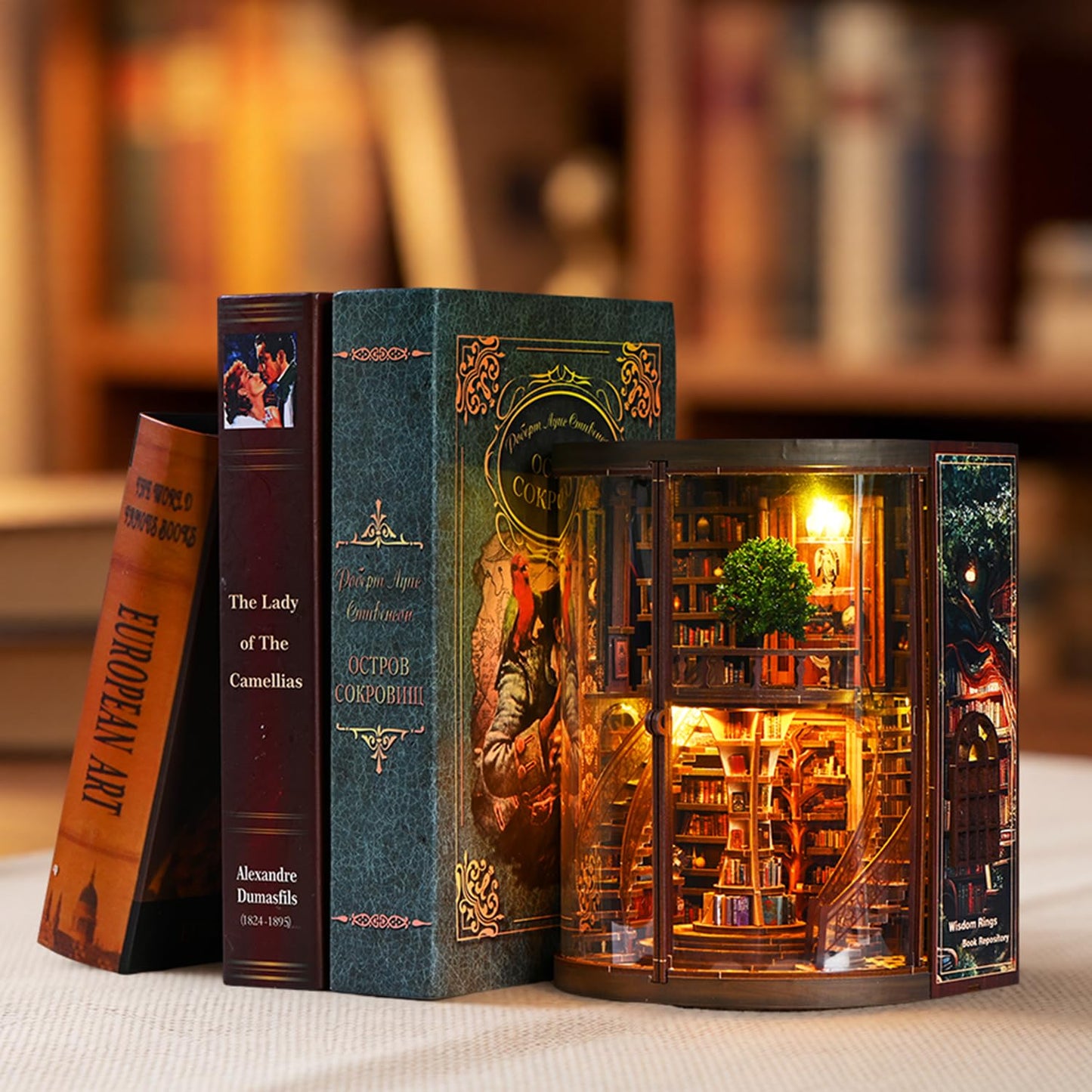 Book Nook Kit for Adult-3D Wooden Puzzles Miniature Library Bookshelf Insert Bookend Decor，Adult Miniature Model with LED Light and Dust Cover, Touch Switch, Adult Craft Kits Gift
