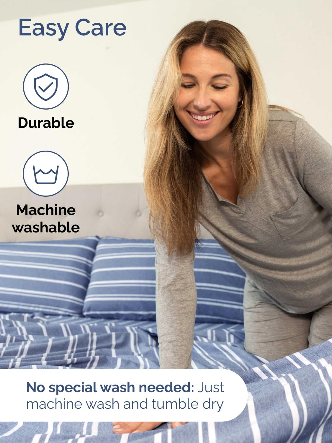 Skiennix Extra Deep Split King Sheet Set - 7 Piece Breathable Cooling Bedding - Soft Wrinkle-Free Blue Stripes