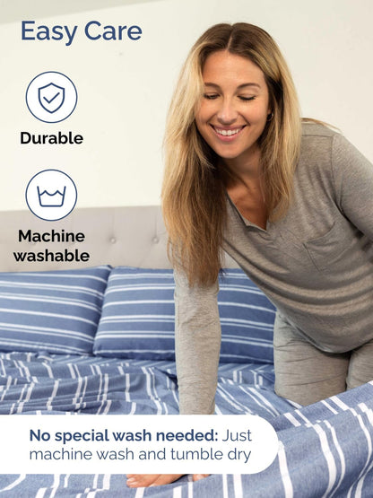 Skiennix Extra Deep King Sheet Set - 6-Piece Breathable Cooling Bedding - Soft, Wrinkle-Free Blue Stripes