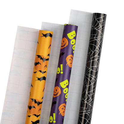 LeZakaa Halloween Wrapping Paper Roll - Mini Roll - Pumpkin with Boo Letters/Bat/Spider Web Print for Gift Wrap, DIY Craft - 17 x 120 inches - 3 Rolls (42.5 sq.ft.ttl.)