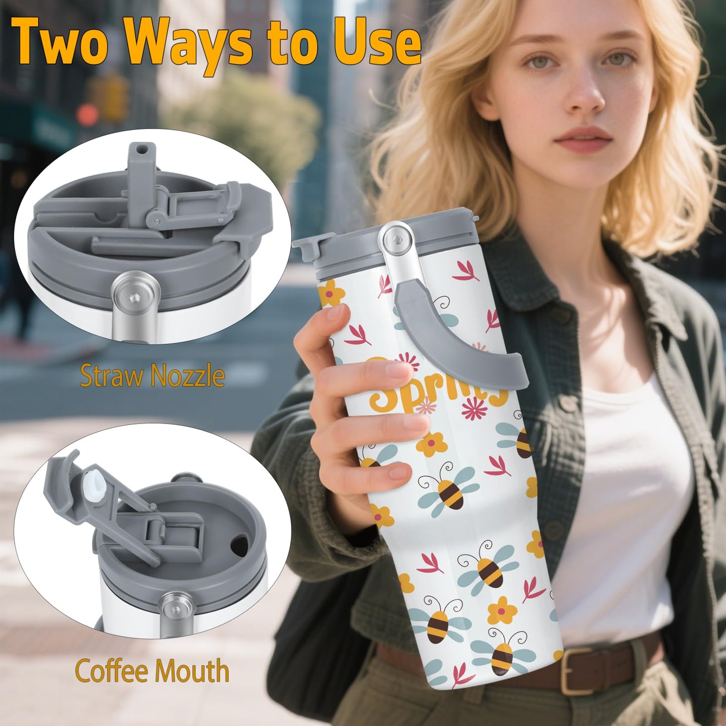 4 Pack 30oz Sublimation Tumbler with Handle, Sublimation Flip Straw Tumbler with Portable 2-in-1 Lid, Stainless Steel Insulated Water Bottle, Leak Proof Travel Coffee Mug Cup for Home, Outdoor or Car