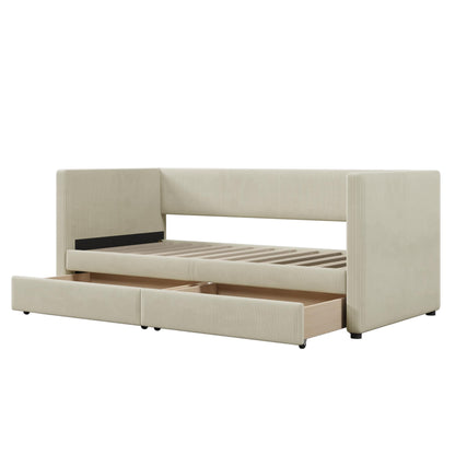 Merax Twin Size Corduroy Daybed with Two Drawers and Wood Slat,Sofa Bed Frame for Bedroom,Teens,Beige