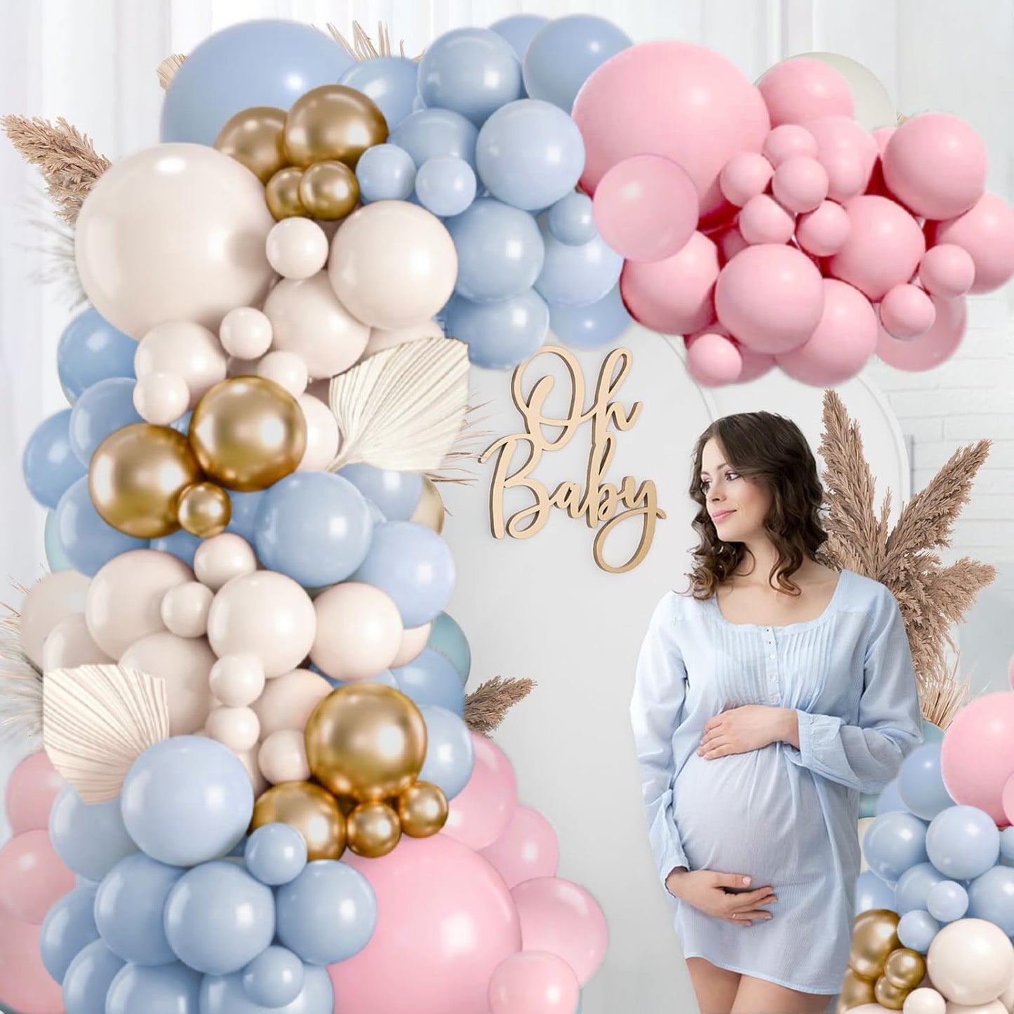 Gender Reveal Balloon Arch Kit, Blush Pink and Blue Balloons Metallic Gold Sand White Balloons for Boy and Girl Gender Reveal Boho Bachelorette Birthday Baby Shower Neutral Bear Theme Decorations