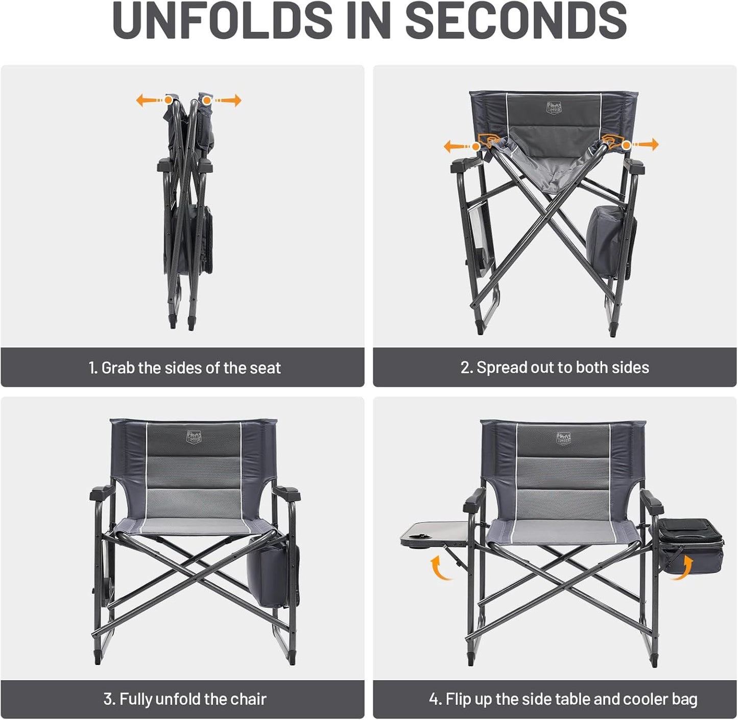 Timber Ridge XXL Oversized Directors Chair - Heavy Duty 600lbs Camping Chair with Cooler Bag & Table - Grey