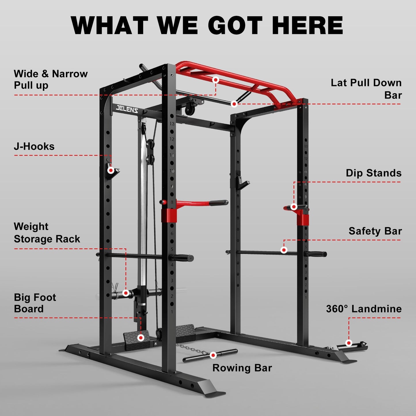 JELENS Power Cage, 2000LBS Multi-Function S11 Power Rack with LAT Pulldown, Squat Rack with Pulley System and More Training Attachments, Weight Workout Machine for Home Gym (Weight Bench Package)