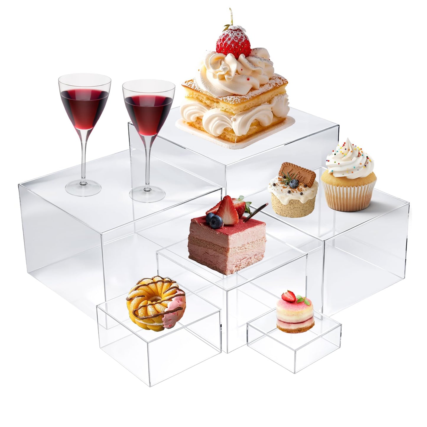 6 Pcs Acrylic Risers for Display Clear Risers Display Stands with Hollow Bottoms 5 Sided Acrylic Cube Boxes Square Nesting Cubes Decorative Stand Shelf for Food Dessert Jewelry Figures Decor 6 Sizes