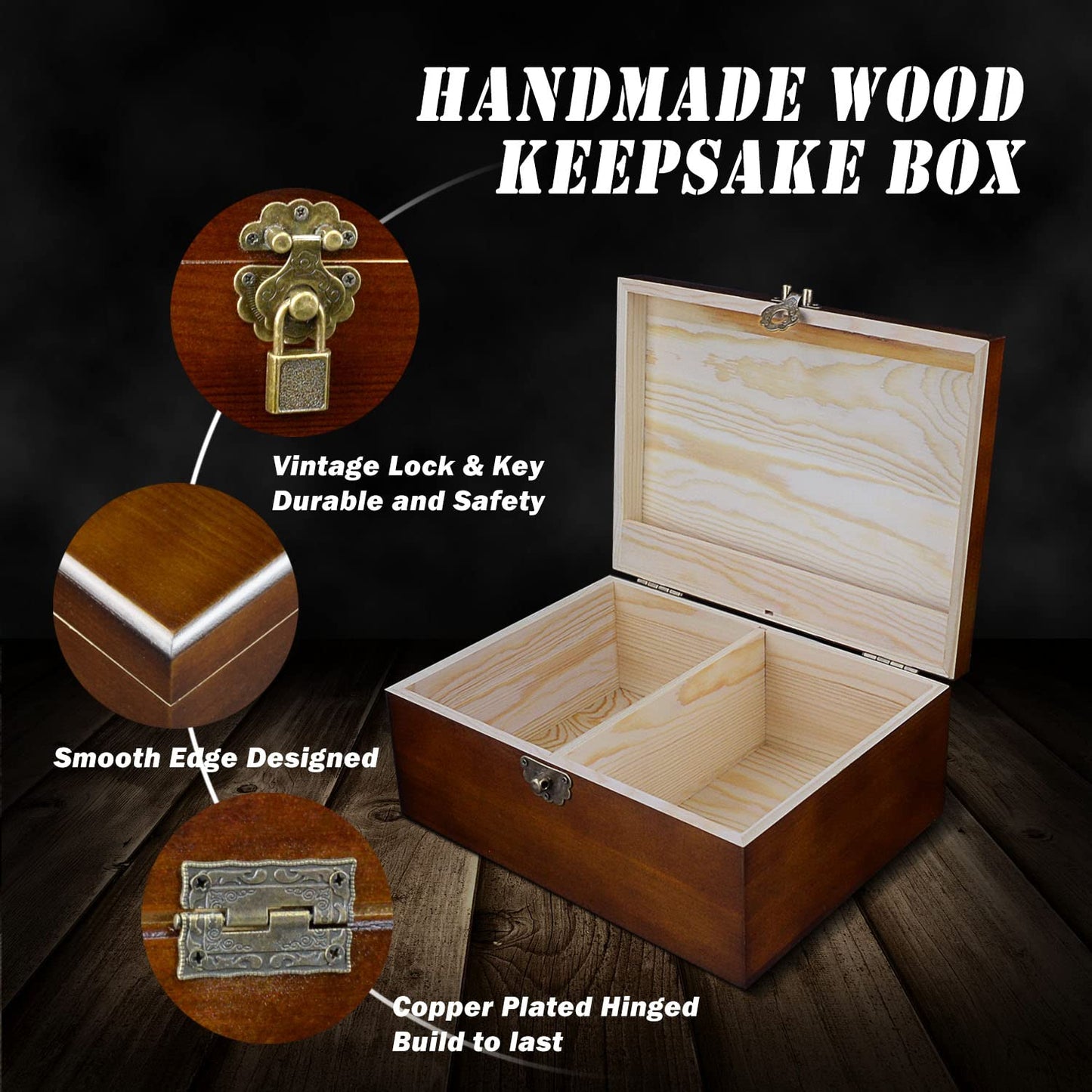 Set of 2 Wooden Storage Boxes Container with Hinged Lid, Large Wood Craft Keepsake Decorative Box with Lock and Key, Small Chest Memory Gift Box for Jewelry Christmas Wedding Travel Trinket Treasure