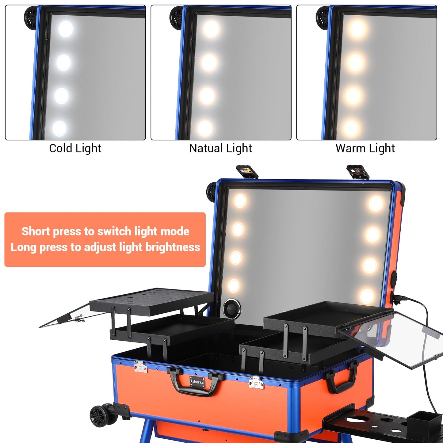 Aiborke Rolling Makeup Train Case with Lighted Mirror and Bluetooth Speaker Professional Cosmetic Organizer Case with Wheels, Stands Portable Makup Station Vanity for Travel (Orange, Medium)