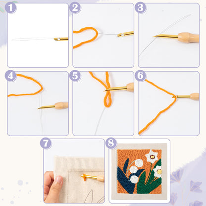 WATINC Punch Needle Kit with Frame for Beginners - 8Pcs Floral Easy Art Work Decor Craft Supply for Beginners, DIY Set of 3Flower Pattern Tufted Rug Pads with Adhesive Felt Yarns Embroidery, Tools Instruction for Adult Christmas Birthday Gift Supplies