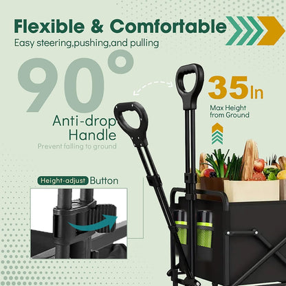 370lbs Collapsible Wagon with Wheels, Weight Capacity Foldable Beach Wagon with Flexible Handle Portable Utility Wagon