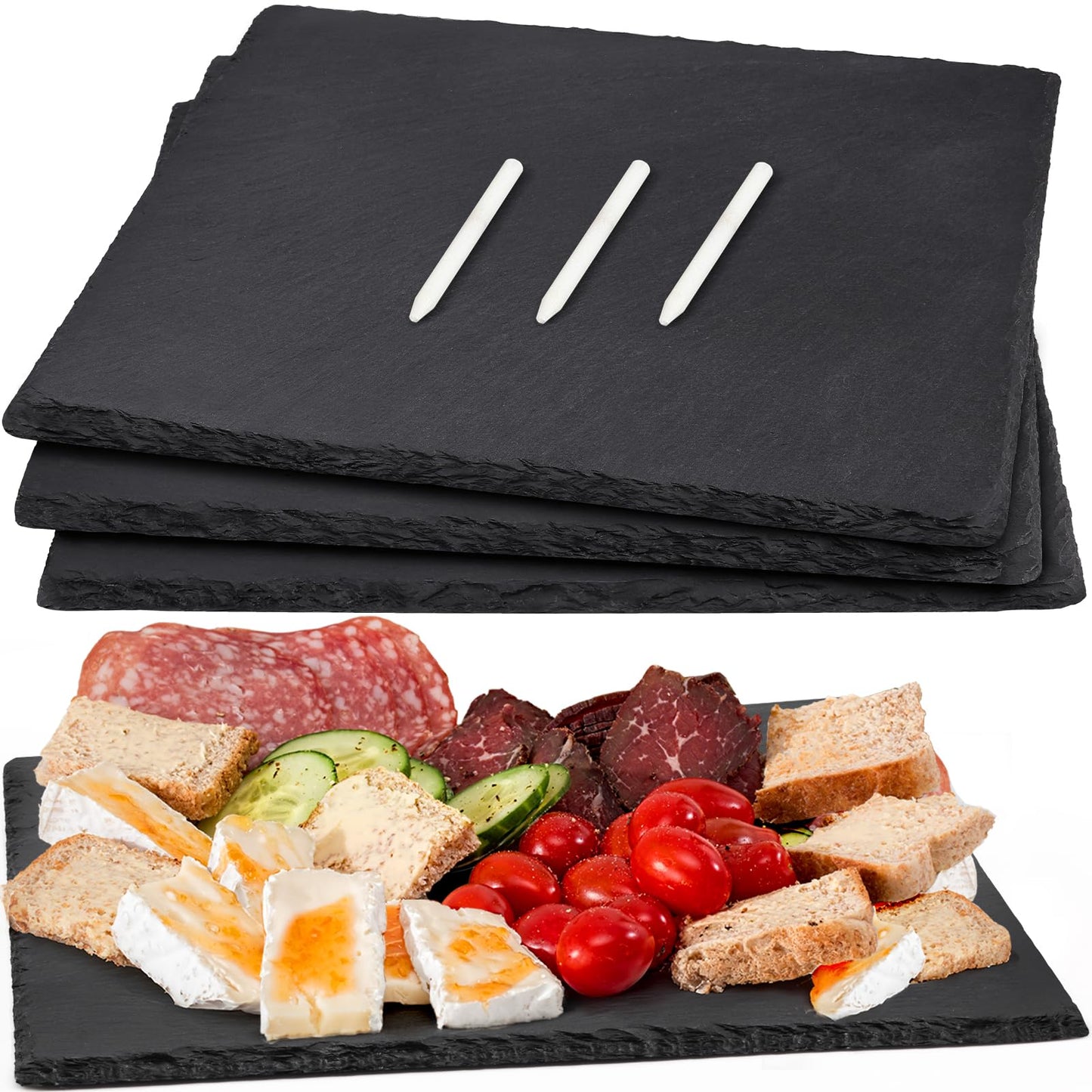 MAPRIAL 12 x 10 In 4 Pack Slate Cheese Boards, Black Stone Plates Charcuterie Board Gourmet Serving Tray Cheese Platter with Chalks for Sushi, Party, Gifts, Fruit, Meat, Appetizer, Wedding