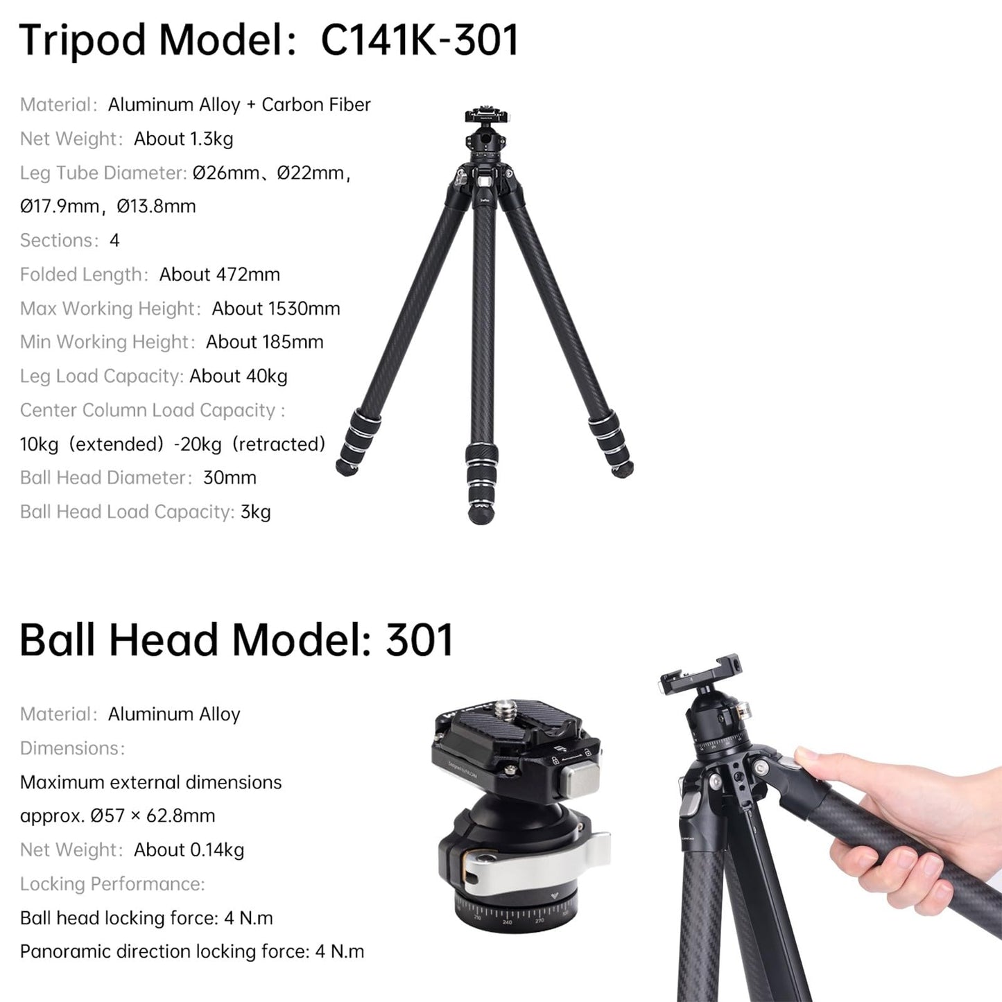 FALCAM TreeRoot Lite F38 Quick Lock Carbon Fiber Travel Tripod with Ball Head Load Capacity 3kg/6.6lbs, Max Vertical Payload 40Kg/88lbs for Cameras (C141K-301)