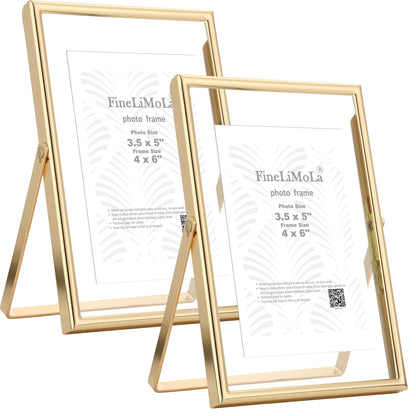 FineLiMoLa Gold 4x6 Floating Frame 2pack for Photo Sizes(2x3'',3.5x5''),Adjustable Tabletop/Shelf floating Photo Frame,Classy Metal Gift Frames for Wedding,Christmas,Birthady,Home or Office Decor.