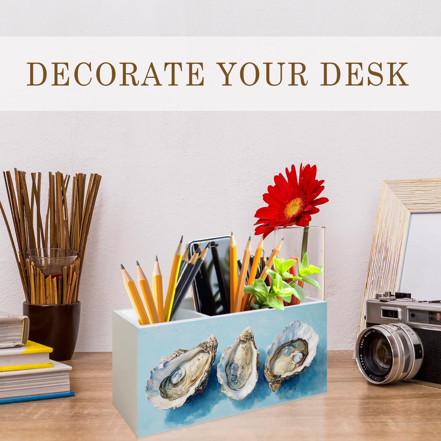 PQKIY Blue Coastal Beach Oyster Pen Holder for Desk,Ocean Beach Wooden Box Sign Desk Decor for Home Bedroom Office,Ocean Beachy Makeup Brush Toothbrush Holder Organizer for Bathroom Accessories