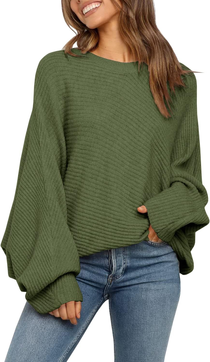 Mafulus Women's Oversized Crewneck Sweater Batwing Puff Long Sleeve Cable Slouchy Pullover Jumper Tops