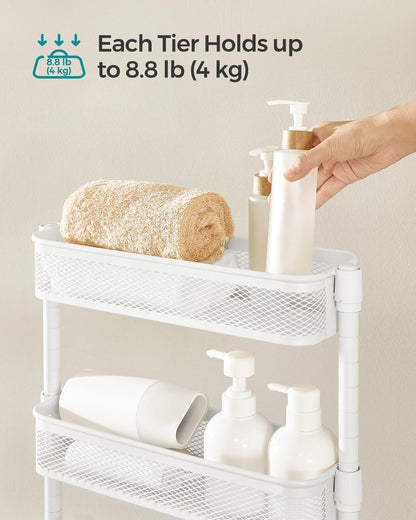 SONGMICS Slim Storage Cart, 4-Tier Metal Rolling Cart with Wheels, Flexible Baskets, Narrow Cart for Kitchen, Bathroom, Laundry Room, Easy Assembly, White UBSC065W01