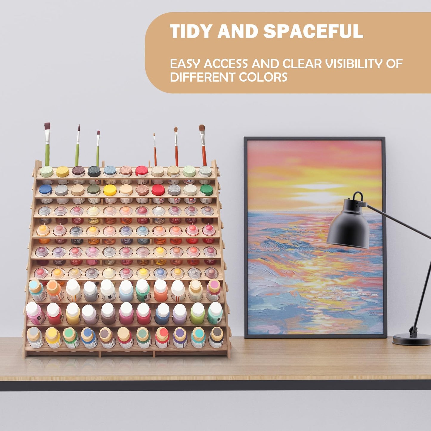 ARFETIGO Extra Large Wooden 9-Tiers 99 Bottles' Capacity Wooden Paint Organizer & Paint Brush Rack for Acrylic OIL Craft Hobby Mini Model Painting Organizer for Artists (Vertical)