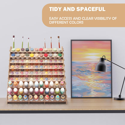 ARFETIGO Extra Large Wooden 9-Tiers 99 Bottles' Capacity Wooden Paint Organizer & Paint Brush Rack for Acrylic OIL Craft Hobby Mini Model Painting Organizer for Artists (Vertical)