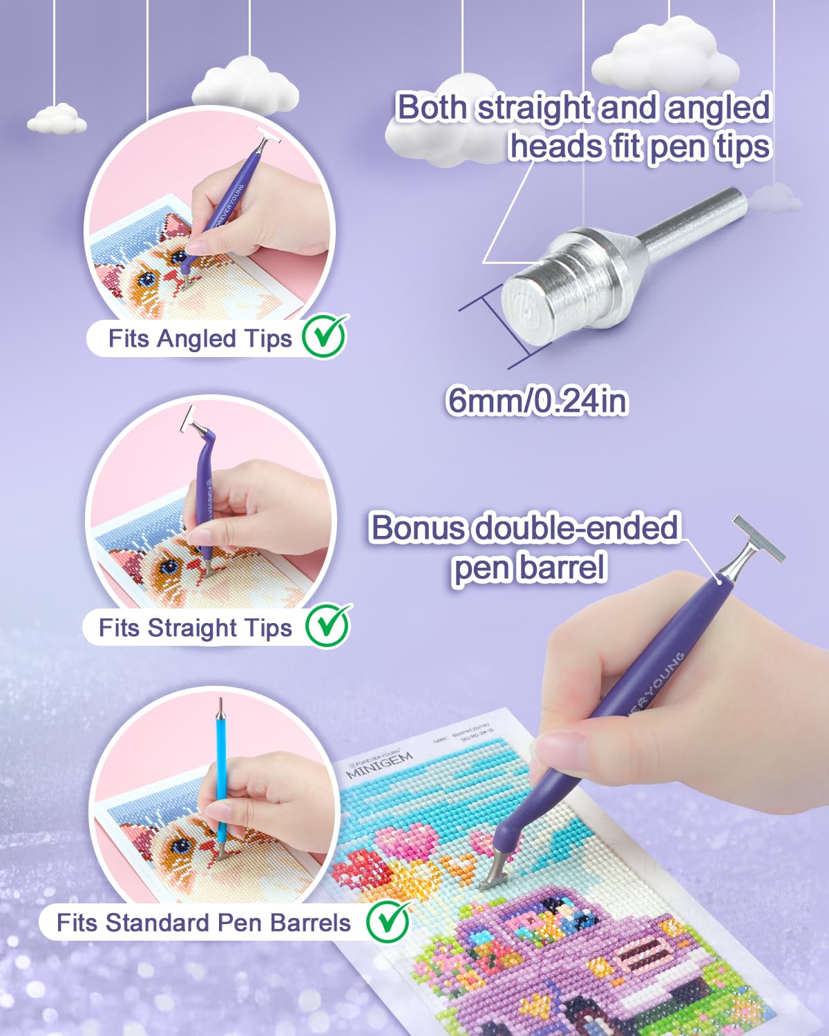 ForeverYoung Stainless Steel Diamond Painting Pen Tip, Unbreakable, Shape-Stable, Slim Profile, Durable Diamond Art Accessories and Tools, Multi-Size Drill Placement, Pen Included, 4-Drill Placement