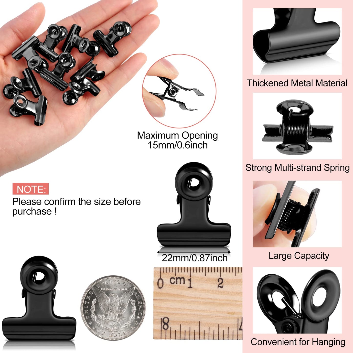Kisston 200 Pcs Metal Clips Hinge Clips 0.87 Inch Small Bull Binder for Office, Paper, Photos, Picture, Maps, Poster, Drawings, Art Work, Papers, Clipboard, Price Tag (Black)