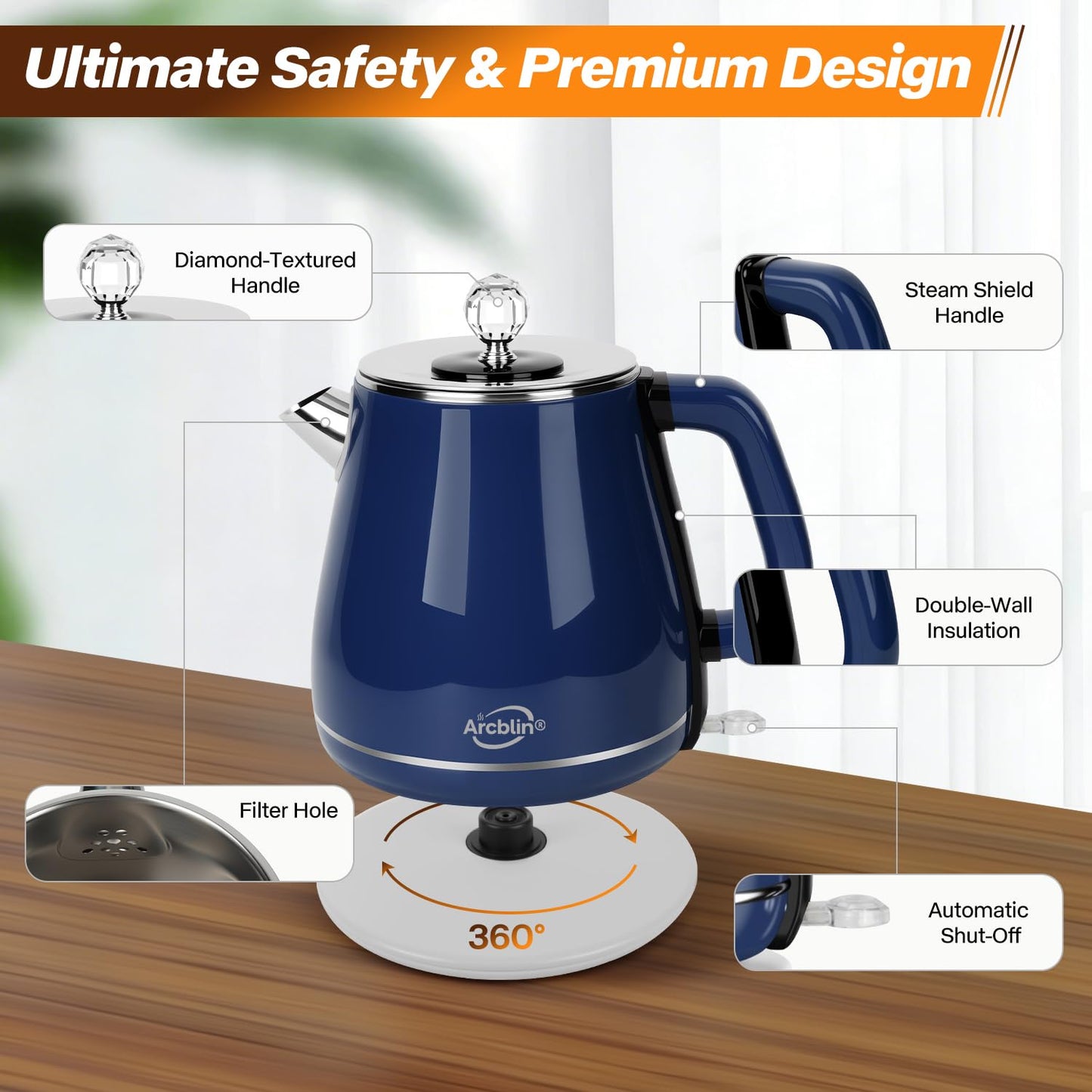 Retro Electric Kettle 1.8L, All Stainless Steel Hot Water Electric Kettle for Boiling Water, BPA Free Tea Kettle, 1350W Fast Boil, Auto Shut Off & Boil-Dry Protection