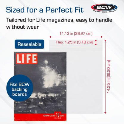 BCW Resealable Life Magazine Bags - 100 Pack | Crystal Clear Polypropylene | Archival Quality |Store Collectible Life Magazines | Exterior 11 1/8 x 14 1/4